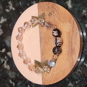 Pink Rhodonite & Iridescent Glass Beaded Stretch Bracet